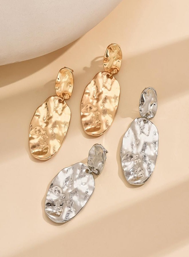 ZENCHEER Chunky Irregular Geometry Clip On Earrings for Women, Matte Gold/Silver Retro Oval Dangle Drop Clip Earrings Non Pierced Clips Stetement Jewelry Gifts (Gold) - Image 5
